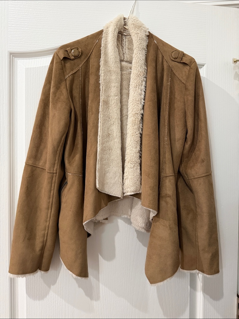Vestibule Sz L  Brown Faux Suede Open Front Coat with Faux Fur Trim